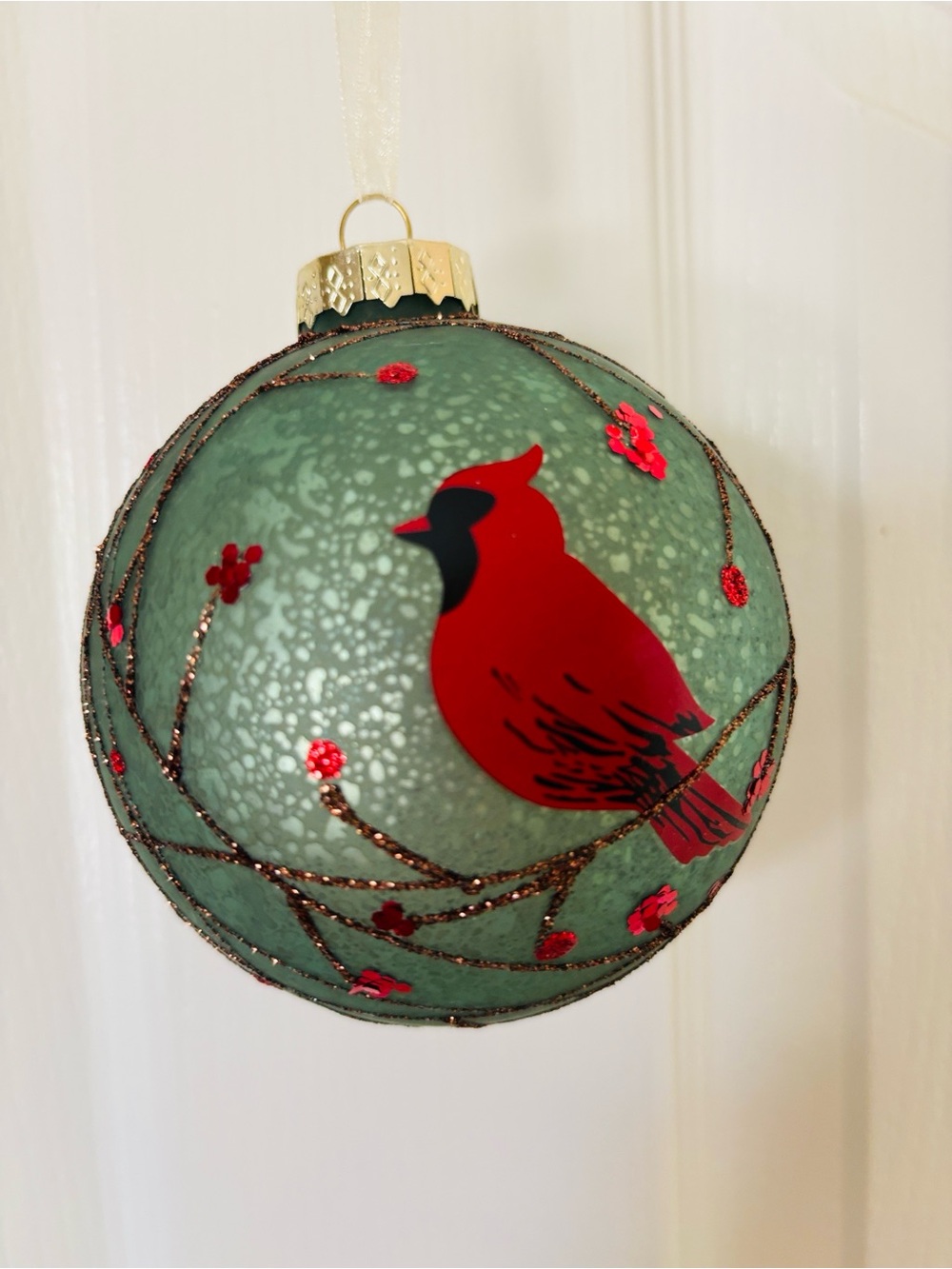 Hand-Painted Green Glass Ornament with Red Cardinal - Picture 4 of 7